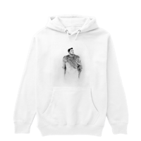 a white hoodie with a drawing of a man on it